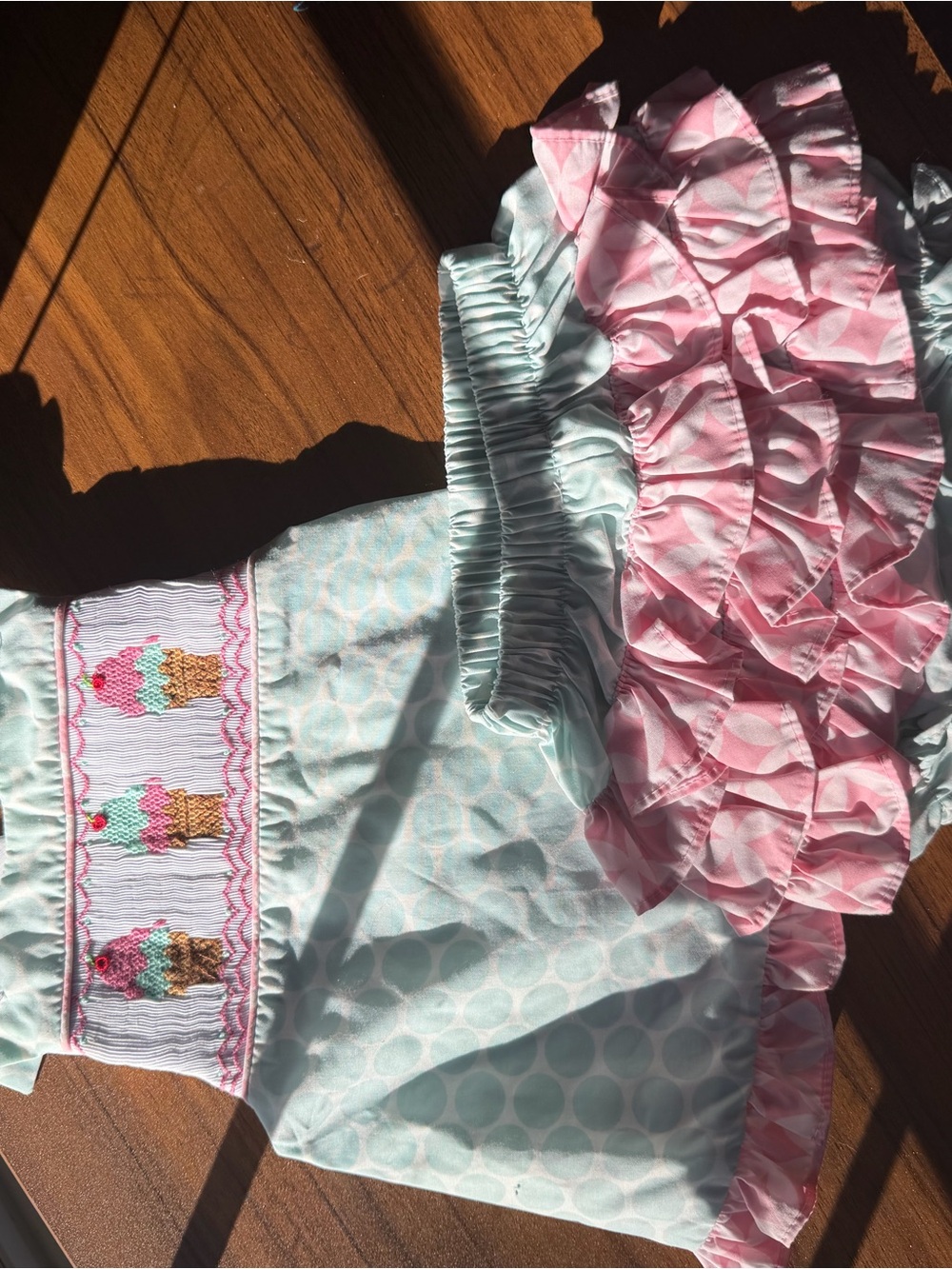 Girls' Mint & Pink Ruffle Matching Set with Ice Cream Smocking